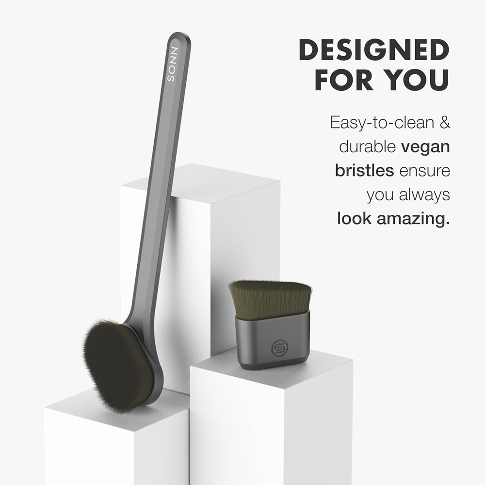 SONN hypoallergenic bristles deliver skin-friendly blending for SPF, lotion, or tanner.