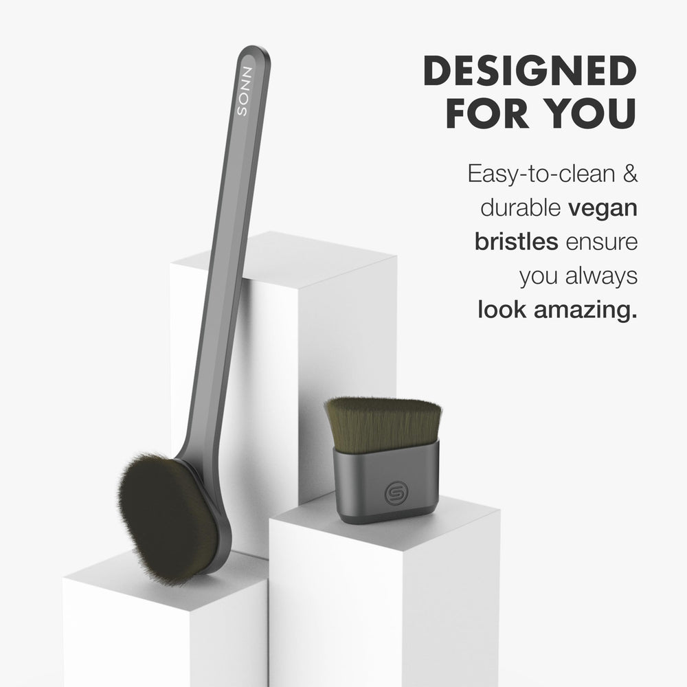 SONN Self Tanner Brush long-handle enables full-body application across torso.