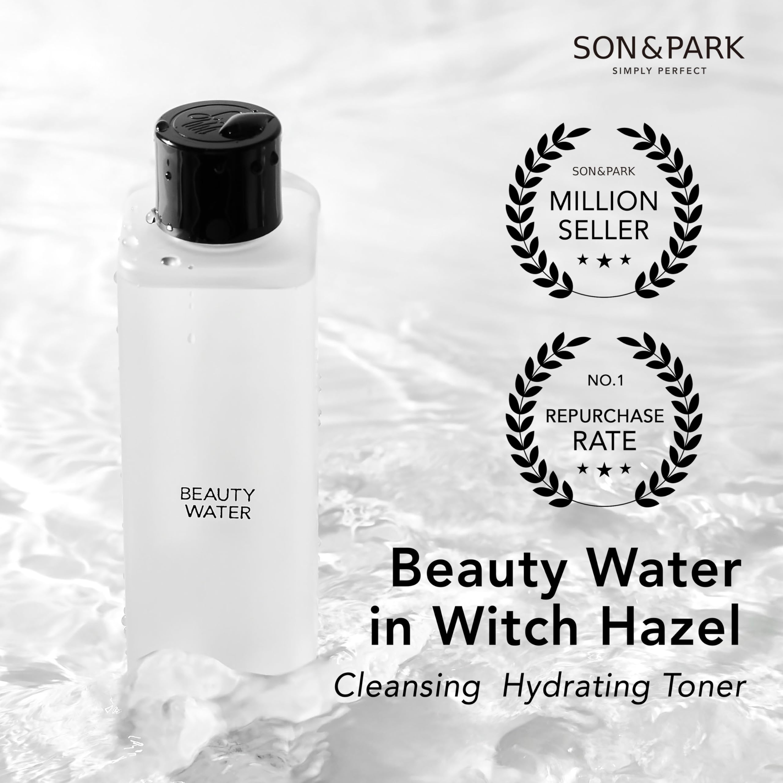 SON&PARK Beauty Water label closeup highlighting rose and lavender notes for soothing hydration.