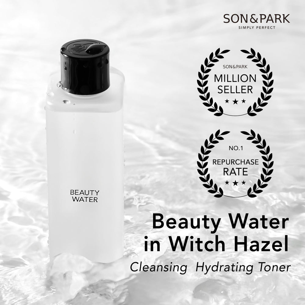 SON&PARK Beauty Water label closeup highlighting rose and lavender notes for soothing hydration.