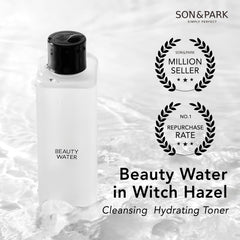 SON&PARK Beauty Water label closeup highlighting rose and lavender notes for soothing hydration.