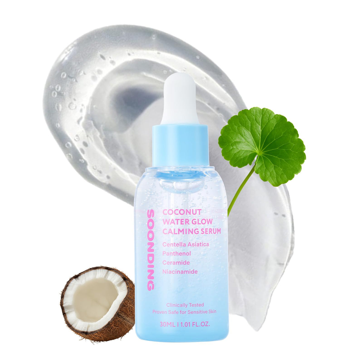 SOONDING suero de agua de coco, textura gel, refresca y se absorbe rápido.