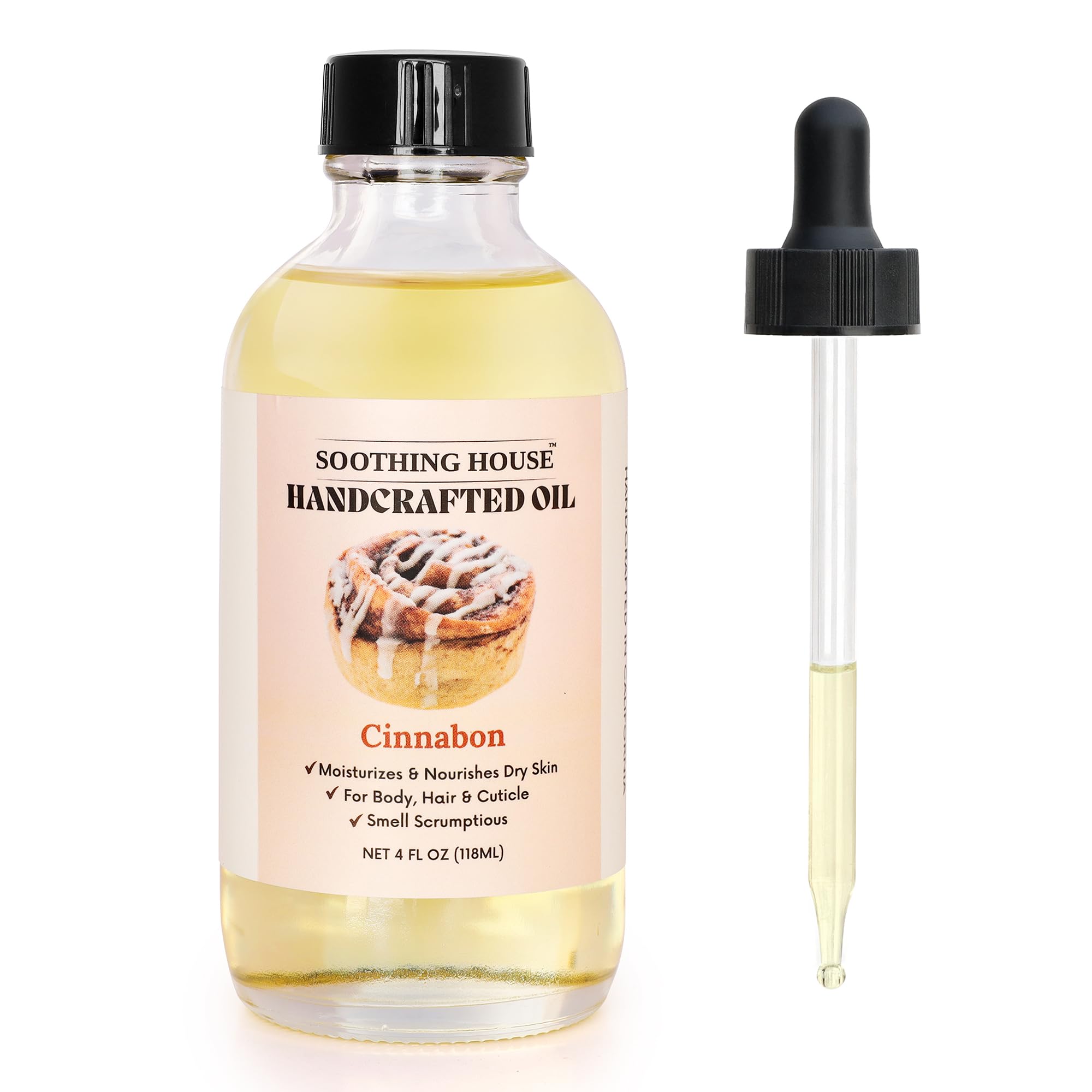 Soothing House Aceite Cinnabon: botella elegante para hidratación diaria sin grasa.