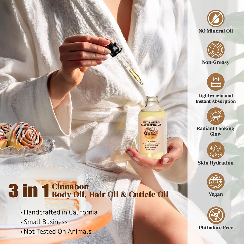 Soothing House Aceite Cinnabon: hidratación profunda para piel y cabello.