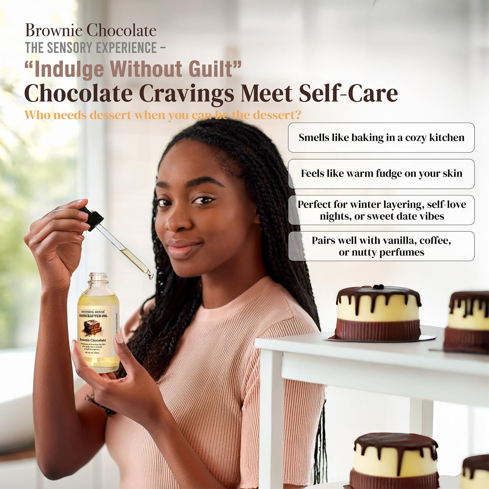 Soothing House Brownie Chocolate Body Oil, rápida absorción para piel y cabello hidratados.