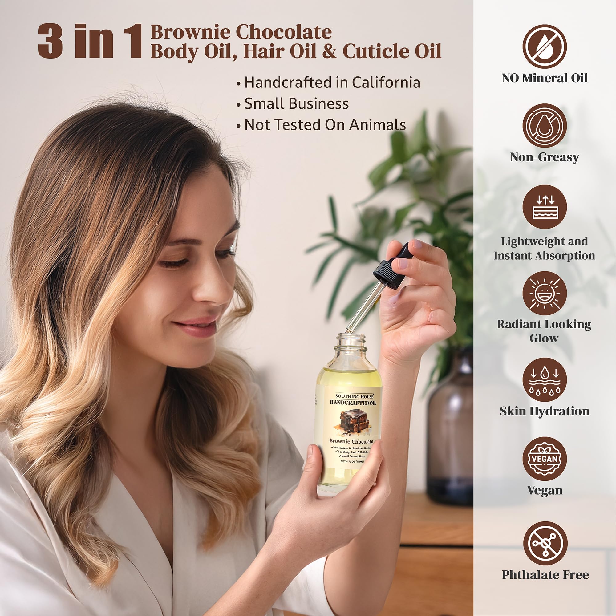 Soothing House Brownie Chocolate Body Oil, brillo en el cabello y control del frizz.