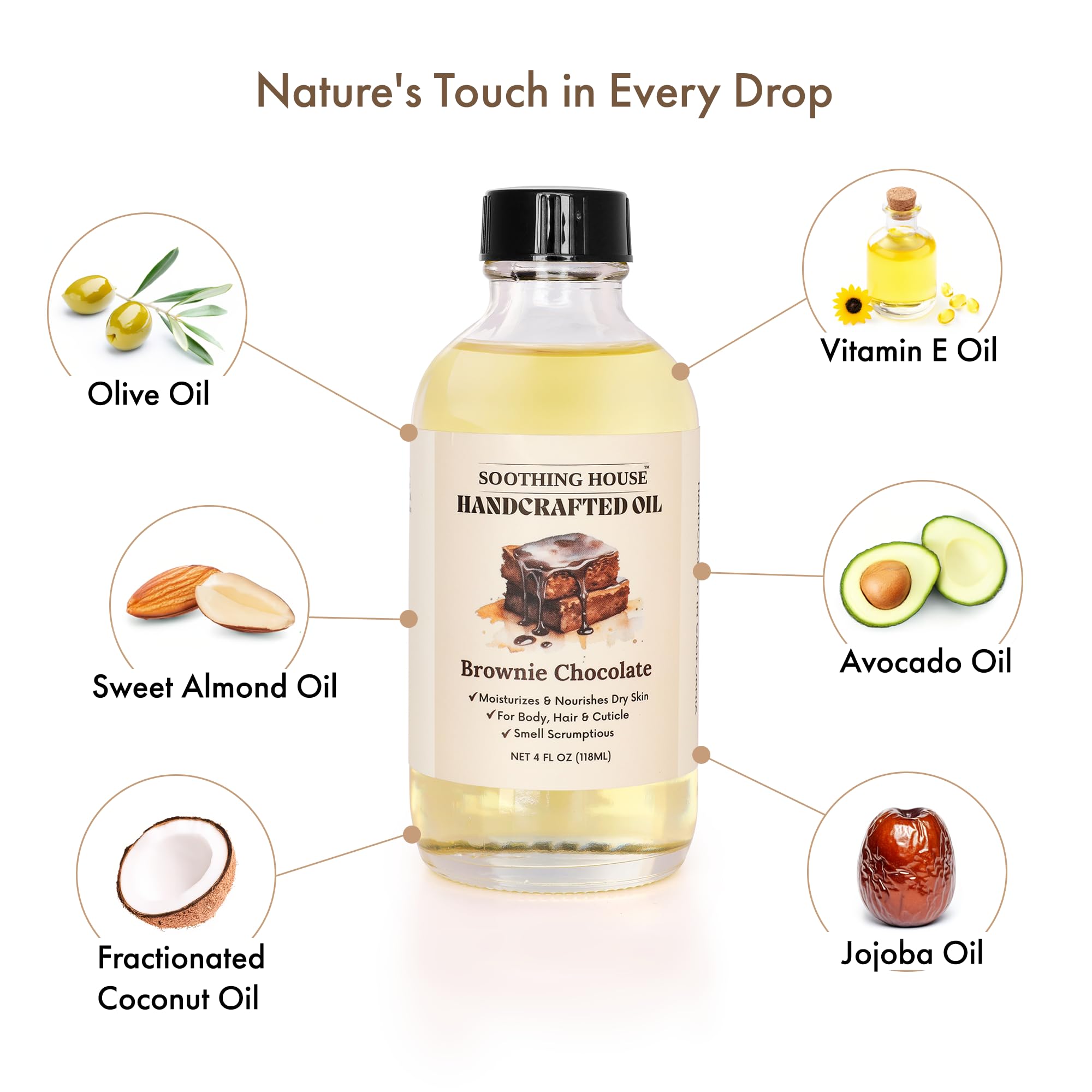 Soothing House Brownie Chocolate Body Oil, cuidado de cutículas y manos con rica humedad.