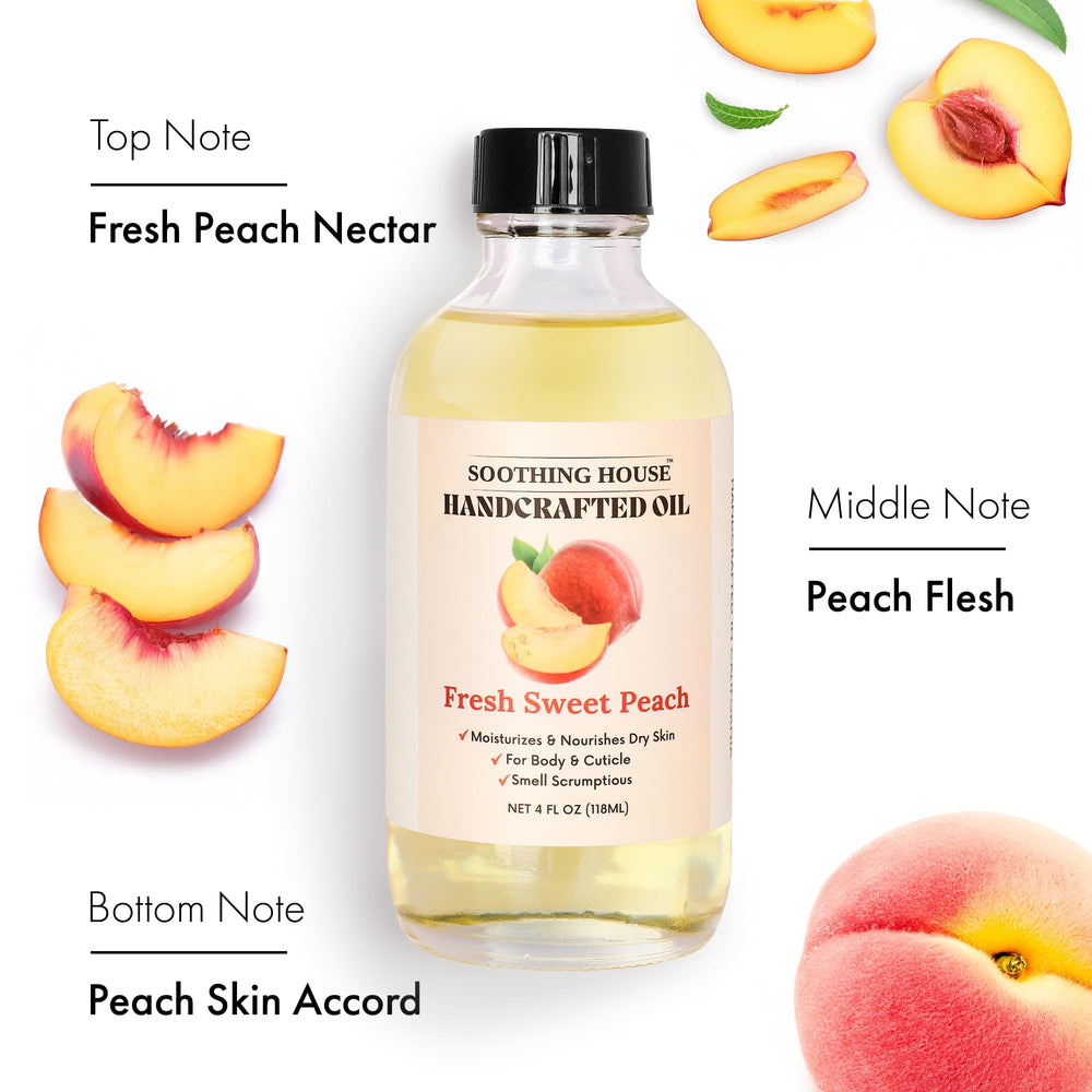 Soothing House Peach Oil on hair ends provides lightweight shine.
