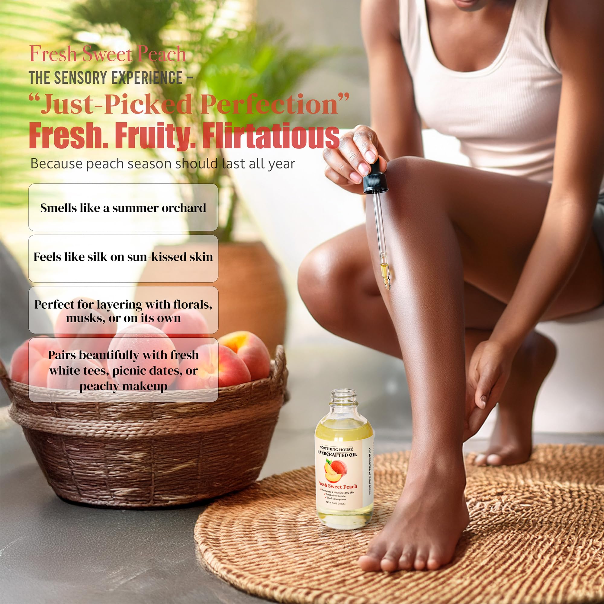 Soothing House Peach Body Oil on skin shows smooth, non-greasy hydration.