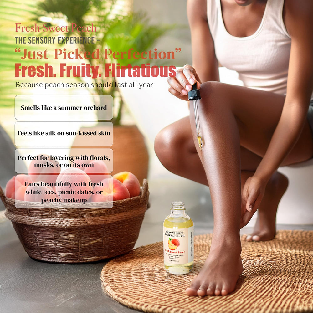 Soothing House Peach Body Oil on skin shows smooth, non-greasy hydration.