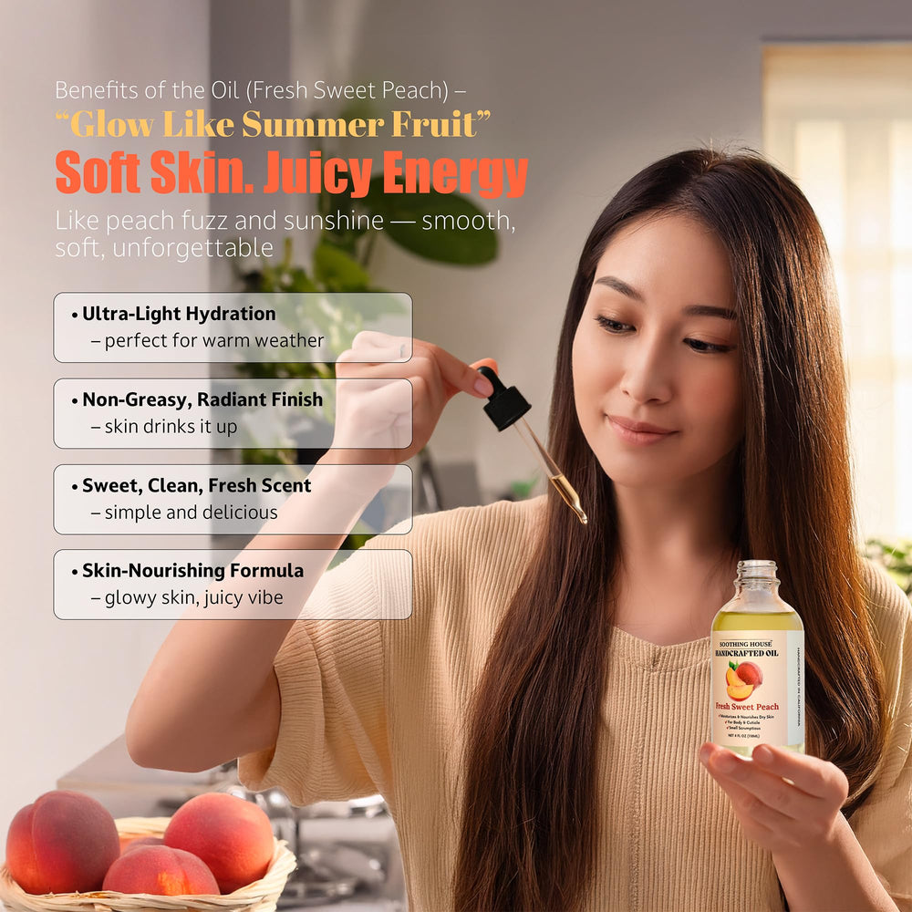 Soothing House Peach Oil vegan, cruelty-free formulation on the packaging.