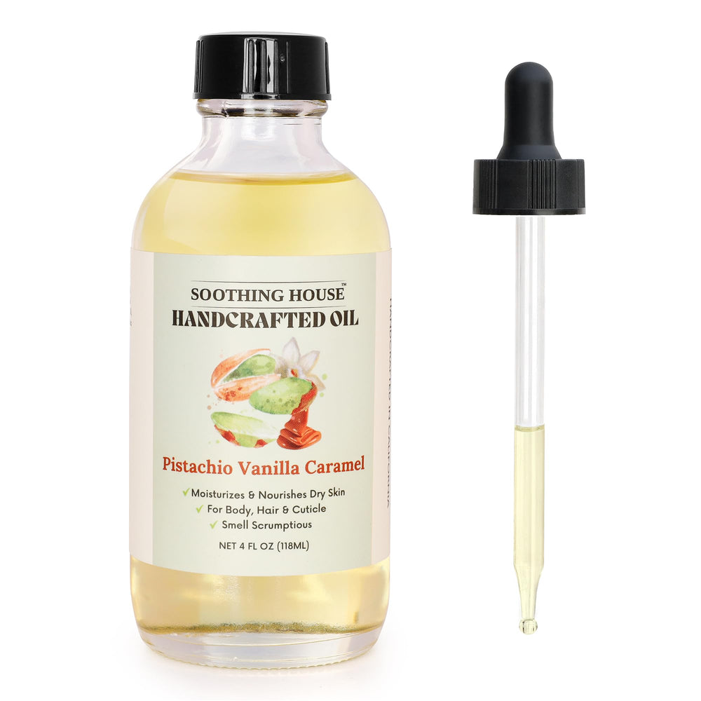 Soothing House Pistachio Vanilla Caramel Oil bottle provides hydration for soft skin