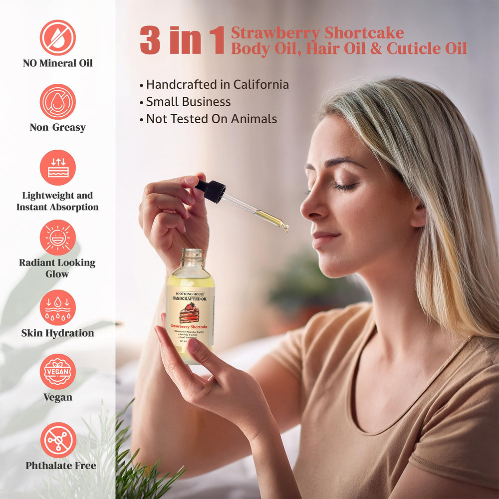 Soothing House Strawberry Shortcake Body Oil skin application demonstrates smooth, non greasy finish