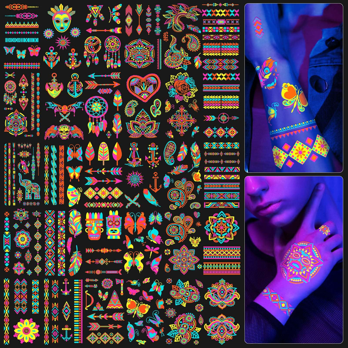 SOOVSY glow-in-the-dark tattoos glow vividly under UV light at parties.