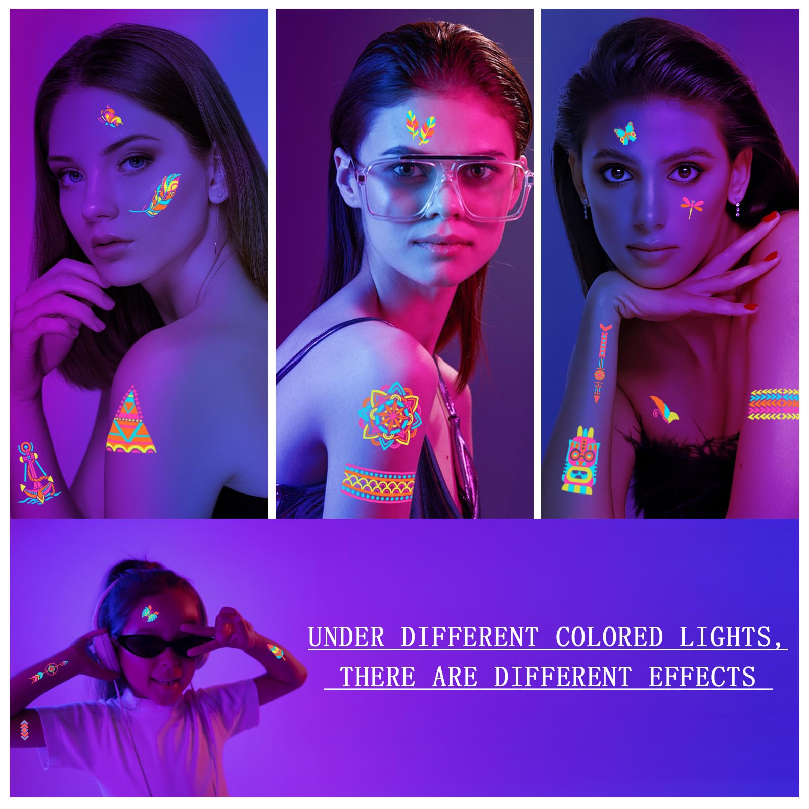 SOOVSY UV neon tattoos sparkle under blacklight for nightlife events.