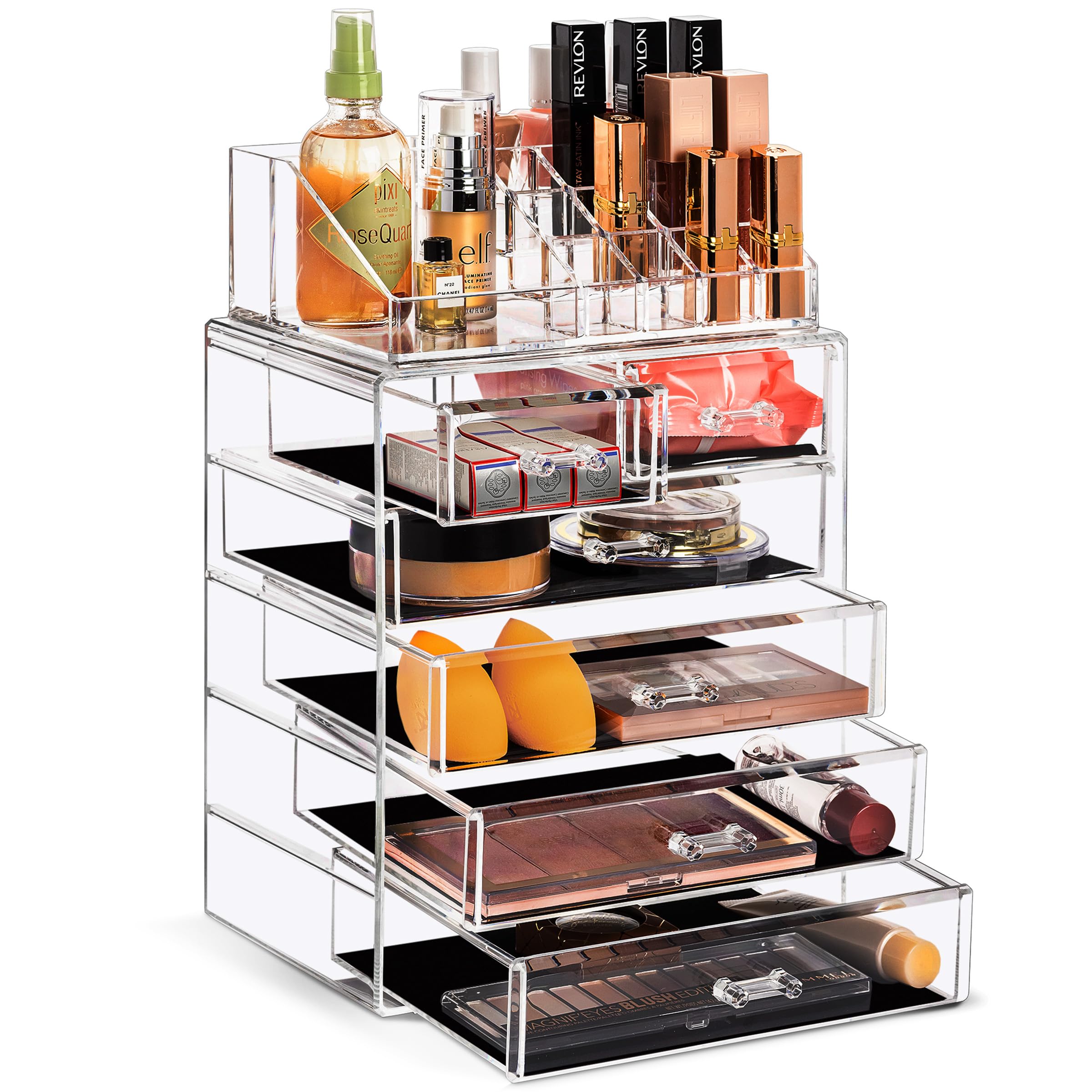 Sorbus acrylic makeup organizer with six drawers for effortless vanity storage.