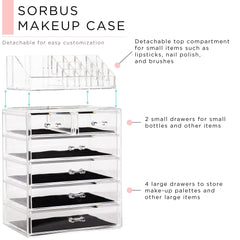 Sorbus clear vanity organizer showcasing brushes and lipsticks in wide compartments.