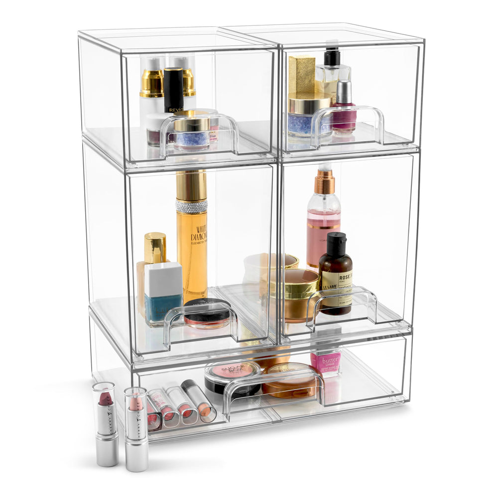 Sorbus vanity area with clear acrylic drawers for pristine staging.