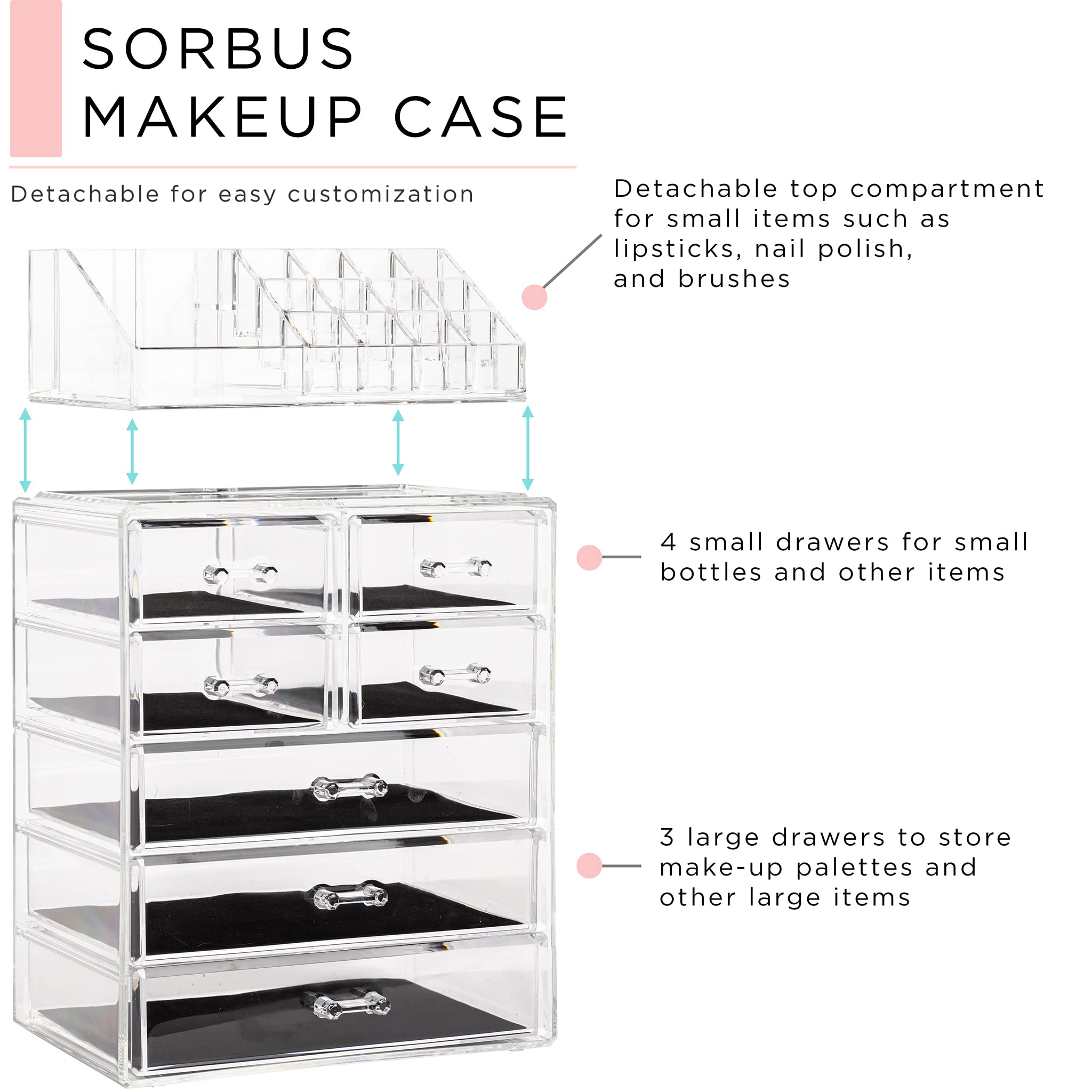 Sorbus top compartment for brushes and lipsticks offers easy daily access