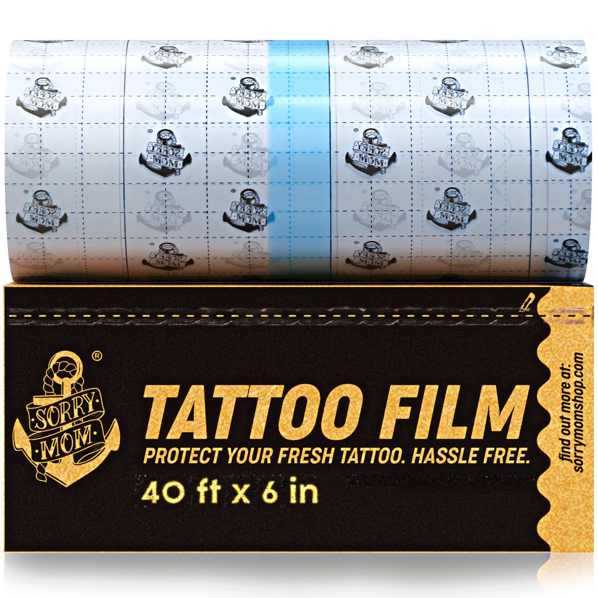Sorry Mom tattoo aftercare bandage with clear film protects large ink areas.