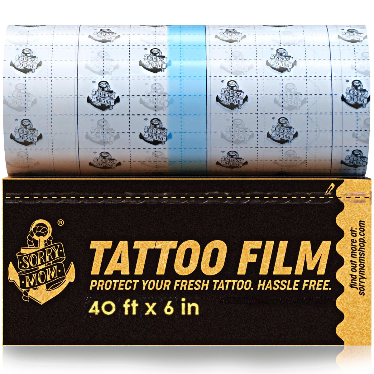 Sorry Mom tattoo aftercare bandage with clear film protects large ink areas.