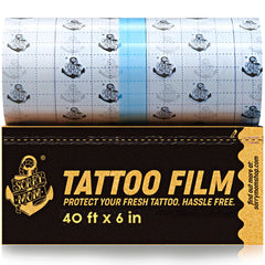 Sorry Mom tattoo aftercare bandage with clear film protects large ink areas.