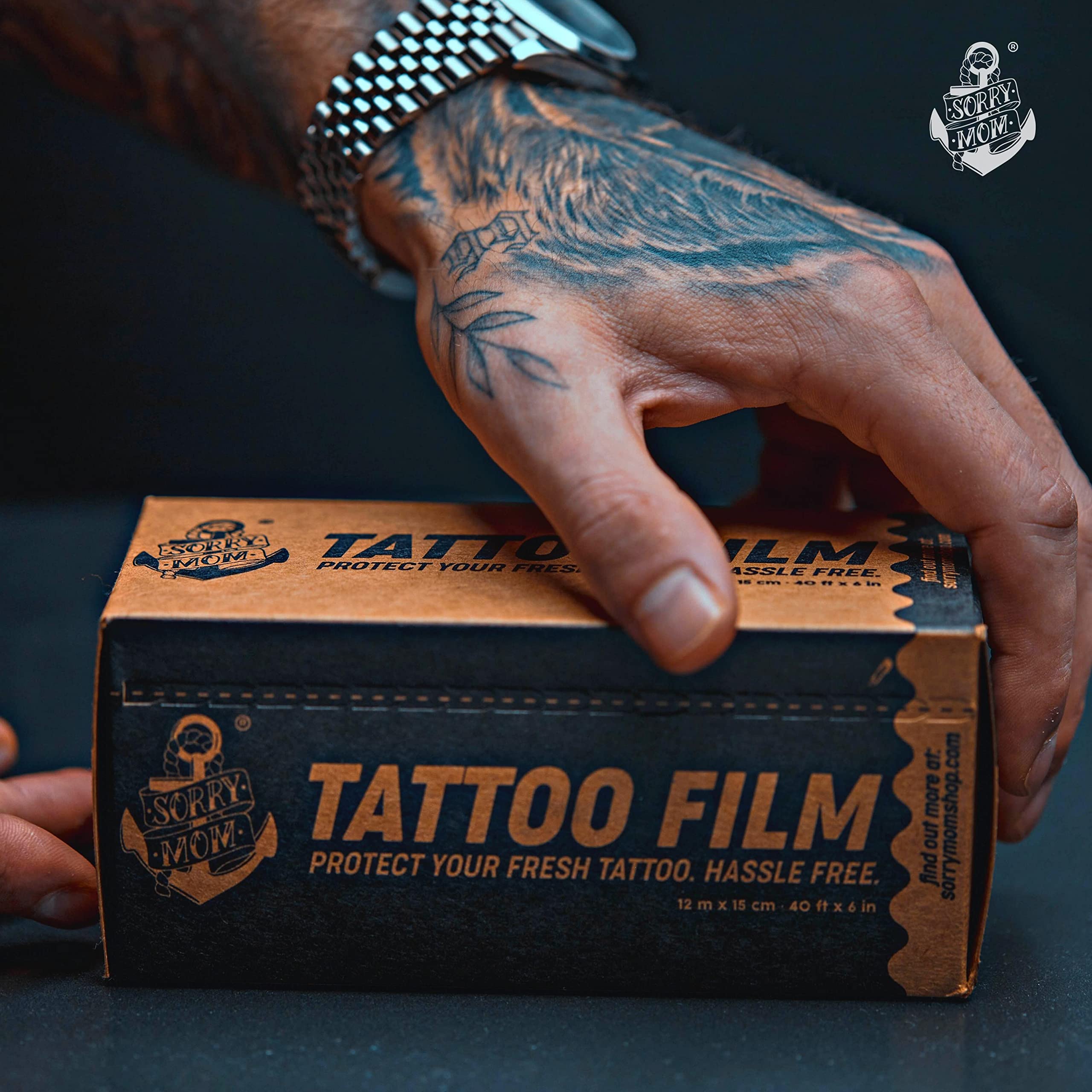 Sorry Mom adhesive tattoo wrap for clean, protected ink during activity.