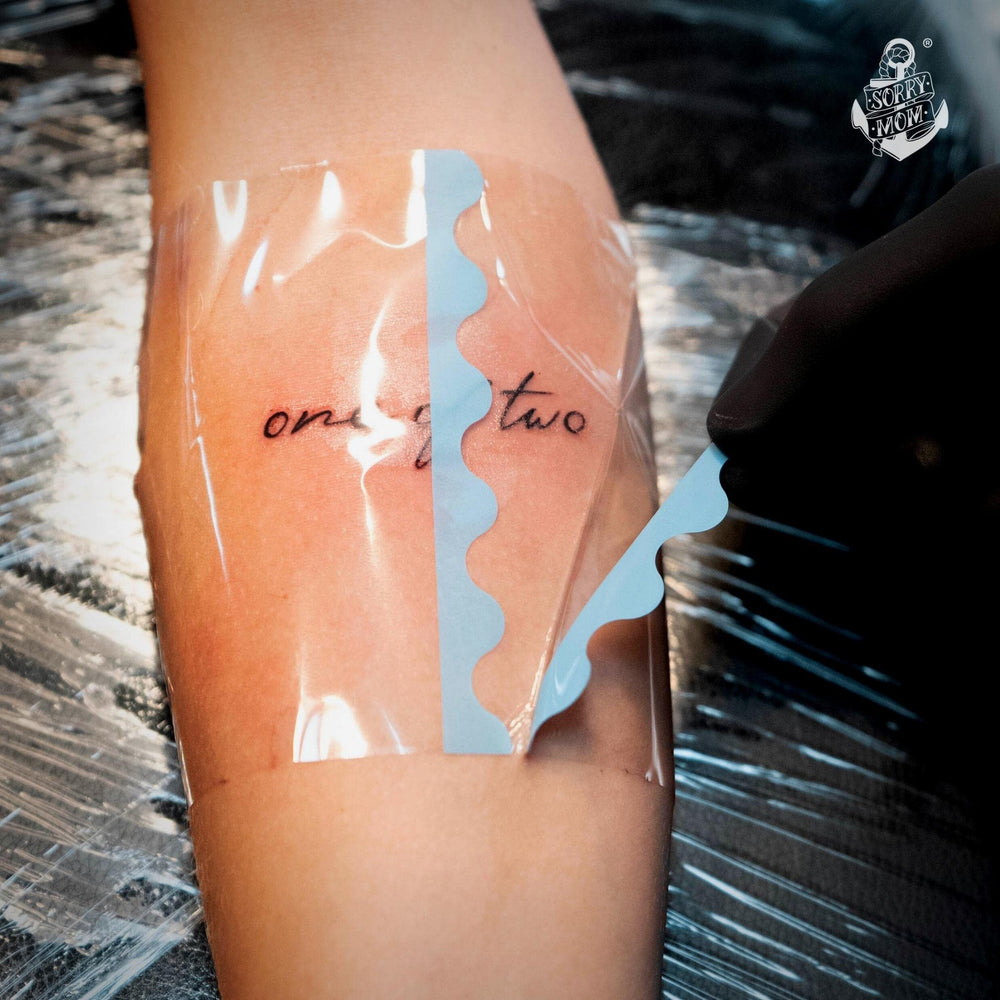 Sorry Mom tattoo film pack designed with user-friendly cutting and sizing.