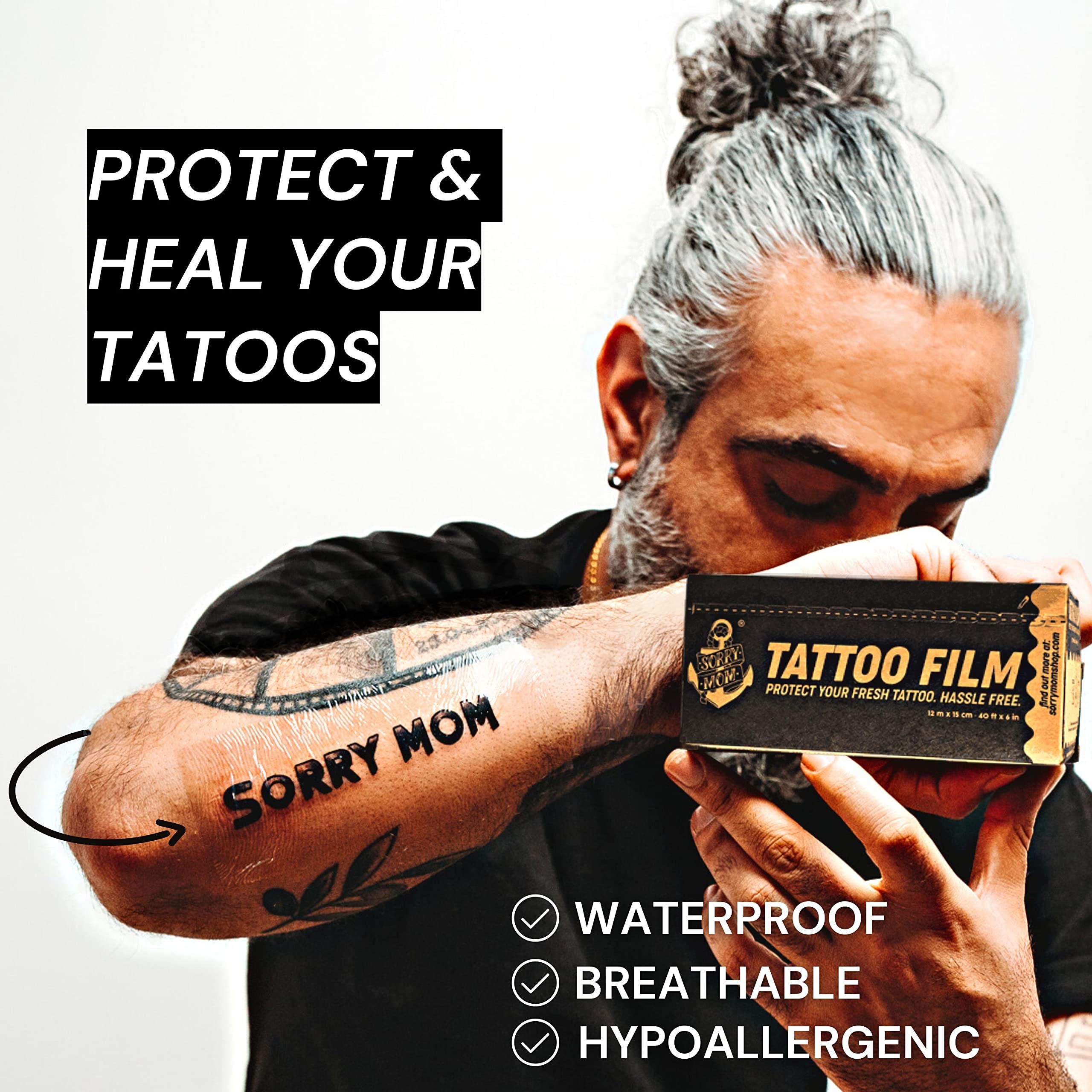 Sorry Mom tattoo wrap shows waterproof, breathable film for daily wear.
