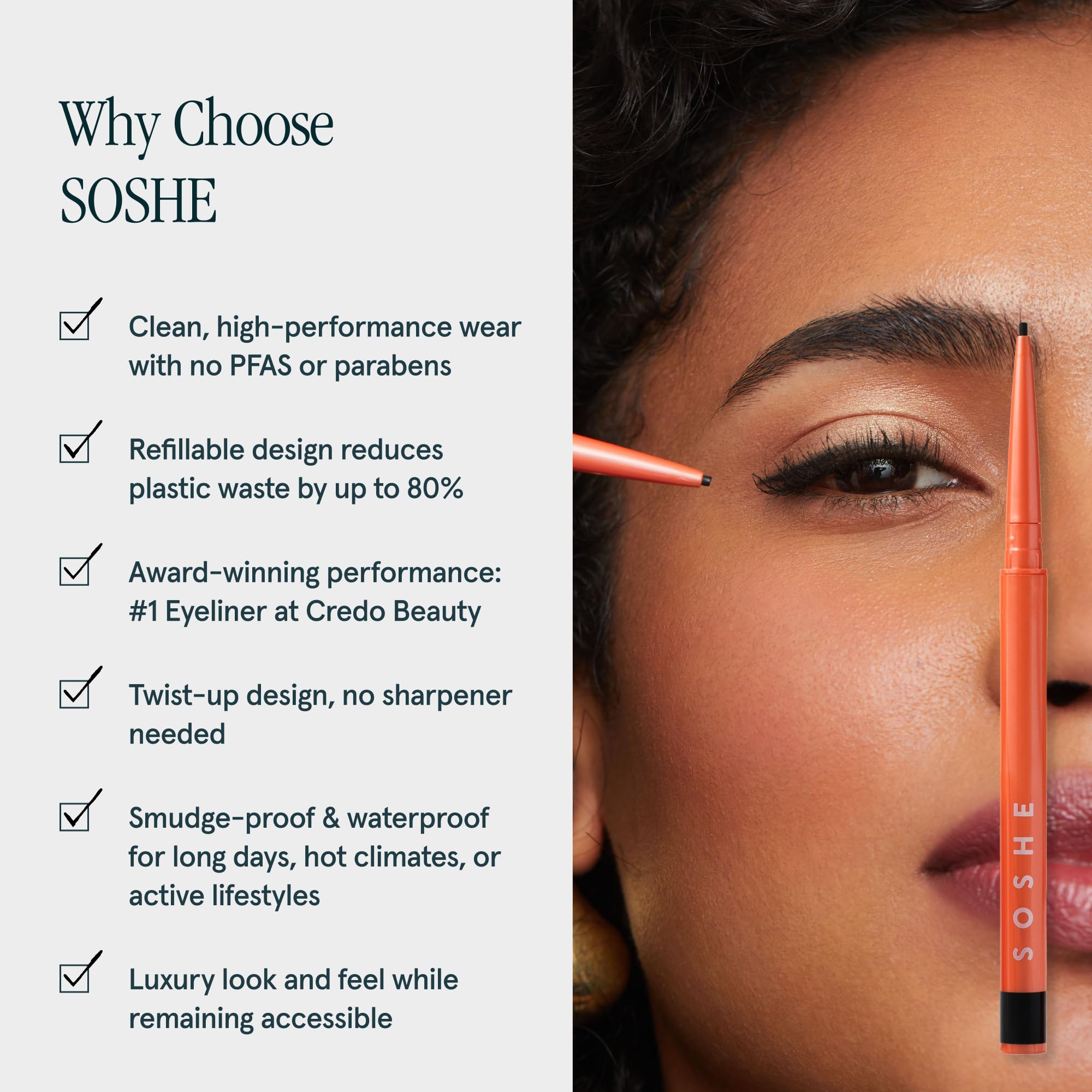 SOSHE waterproof formula on a skin swatch demonstrates smudge resistance