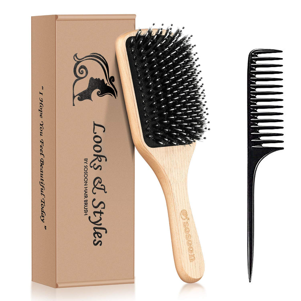 Sosoon boar bristle paddle brush with wooden handle closeup, smooth detangling and scalp massage