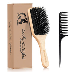 Sosoon boar bristle paddle brush with wooden handle closeup, smooth detangling and scalp massage