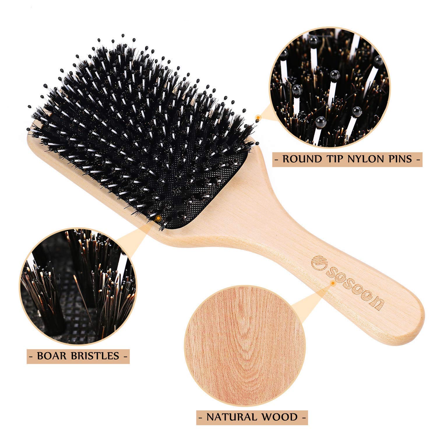 Sosoon boar bristle paddle brush on hair scene, promotes balanced shine