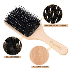 Sosoon boar bristle paddle brush on hair scene, promotes balanced shine