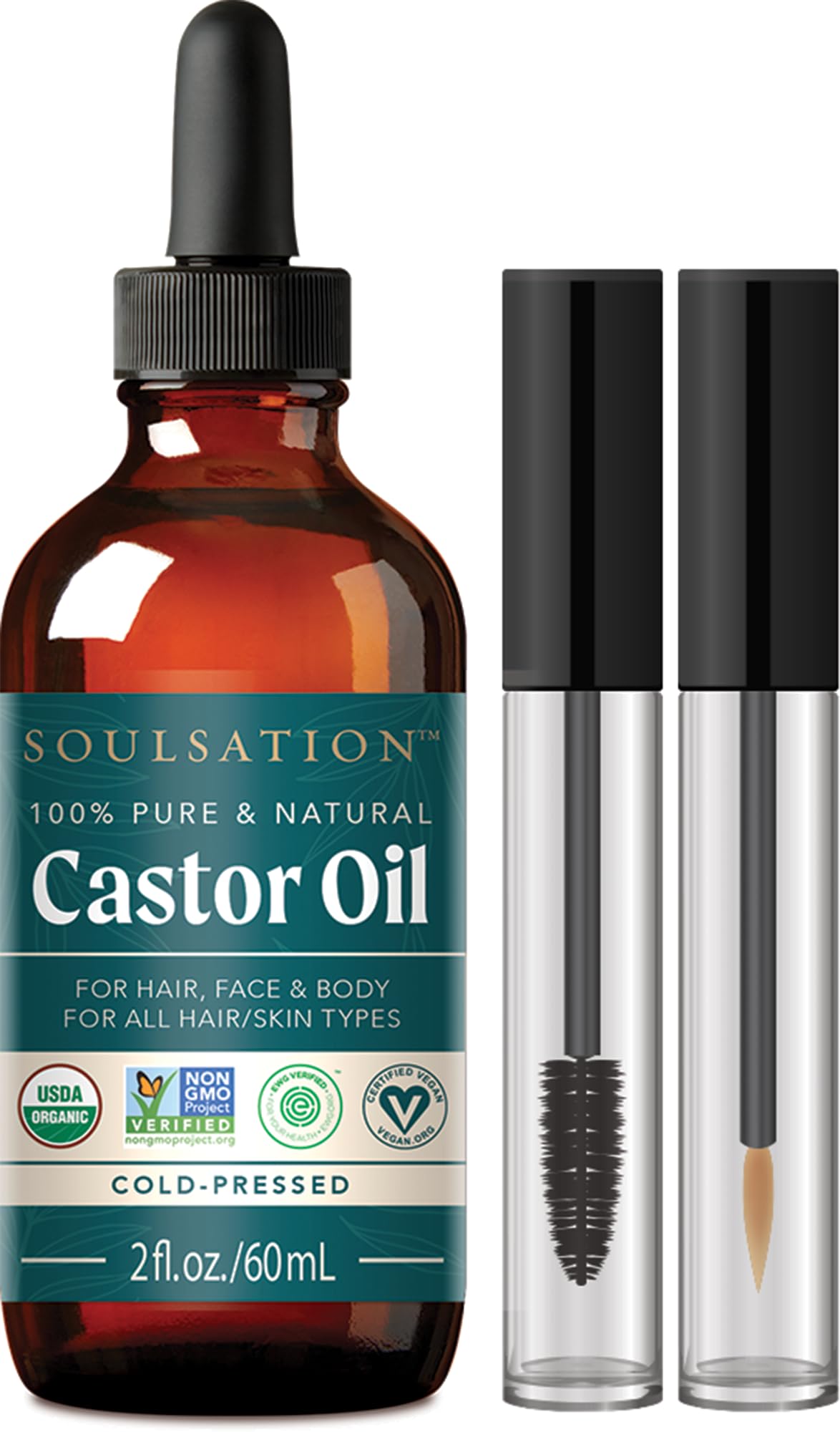 SOULSATION aceite de castor orgánico para pestanas, aplicador incluido para fortalecimiento suave.