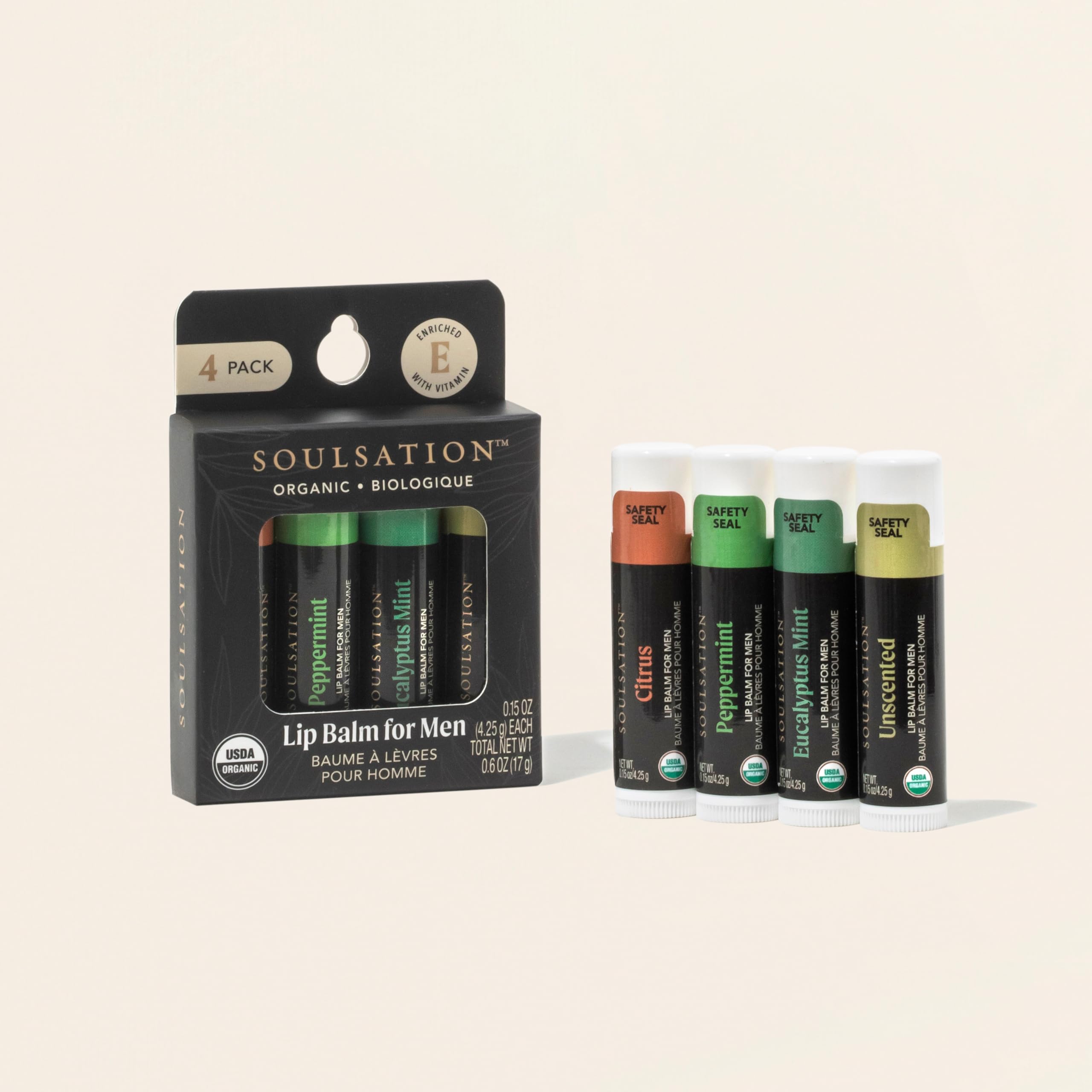 SOULSATION bálsamo labial orgánico sin fragancia, ideal para labios sensibles.