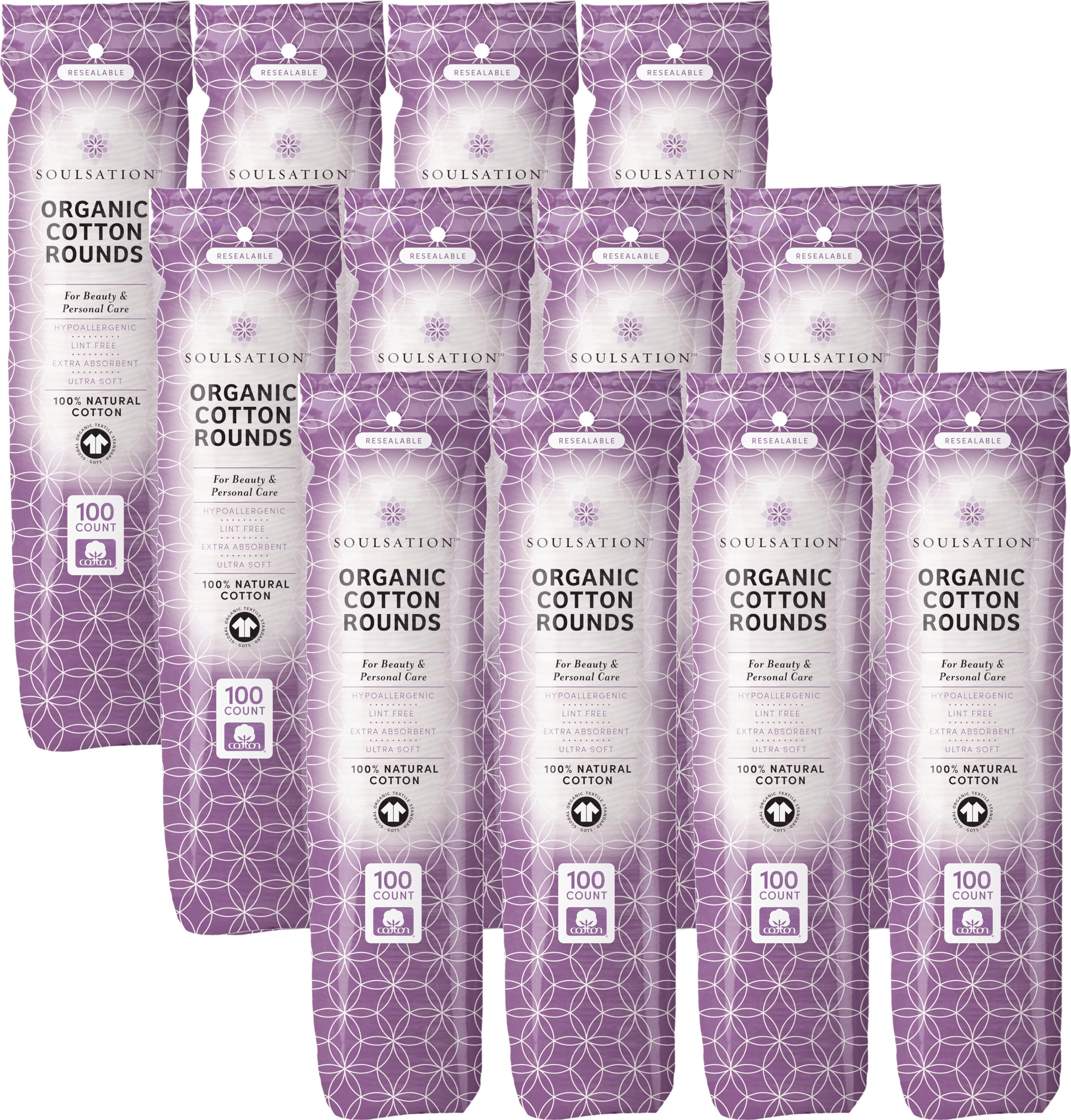 SOULSATION Organic Cotton Rounds 12-pack front view, ideal for gentle makeup removal.