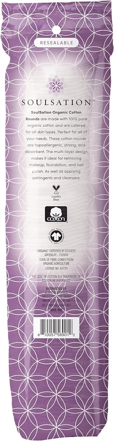 SOULSATION Organic Cotton Rounds cruelty-free vegan option for ethical skincare.