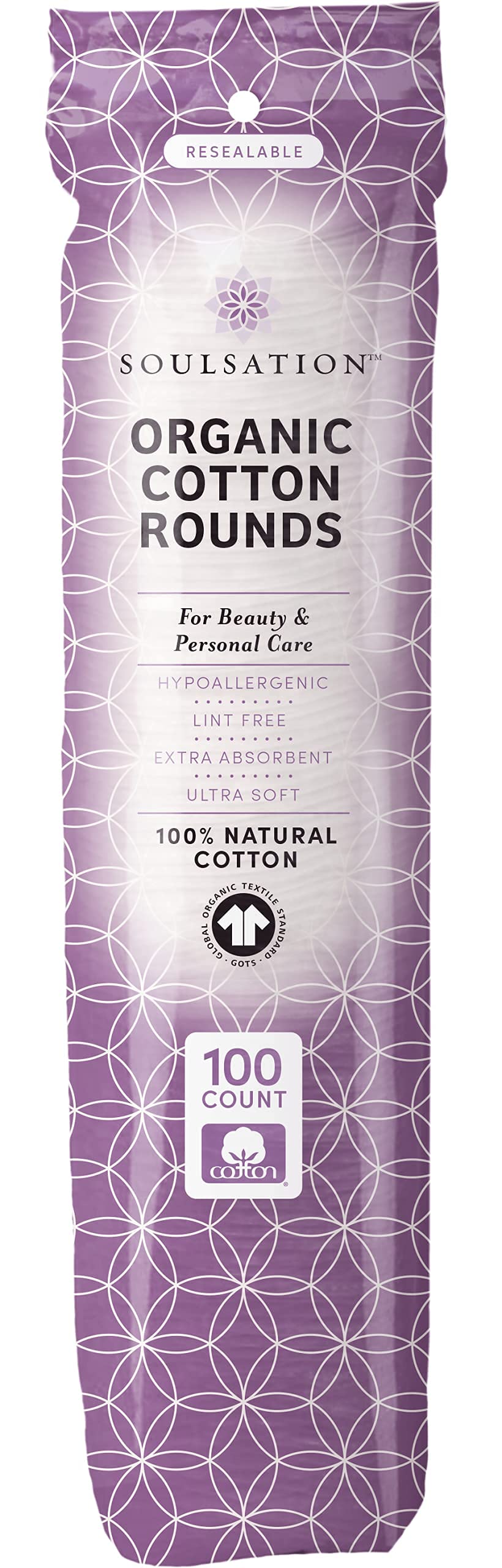 SOULSATION Organic Cotton Rounds hypoallergenic design for sensitive skin cleansing.