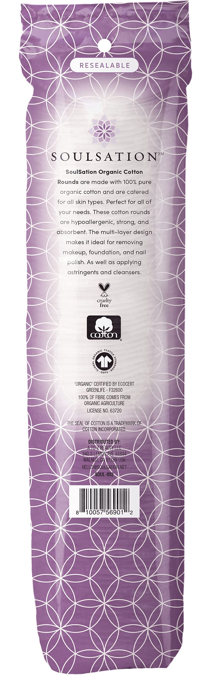 SOULSATION Organic Cotton Rounds vegan and cruelty-free for eco-friendly beauty.