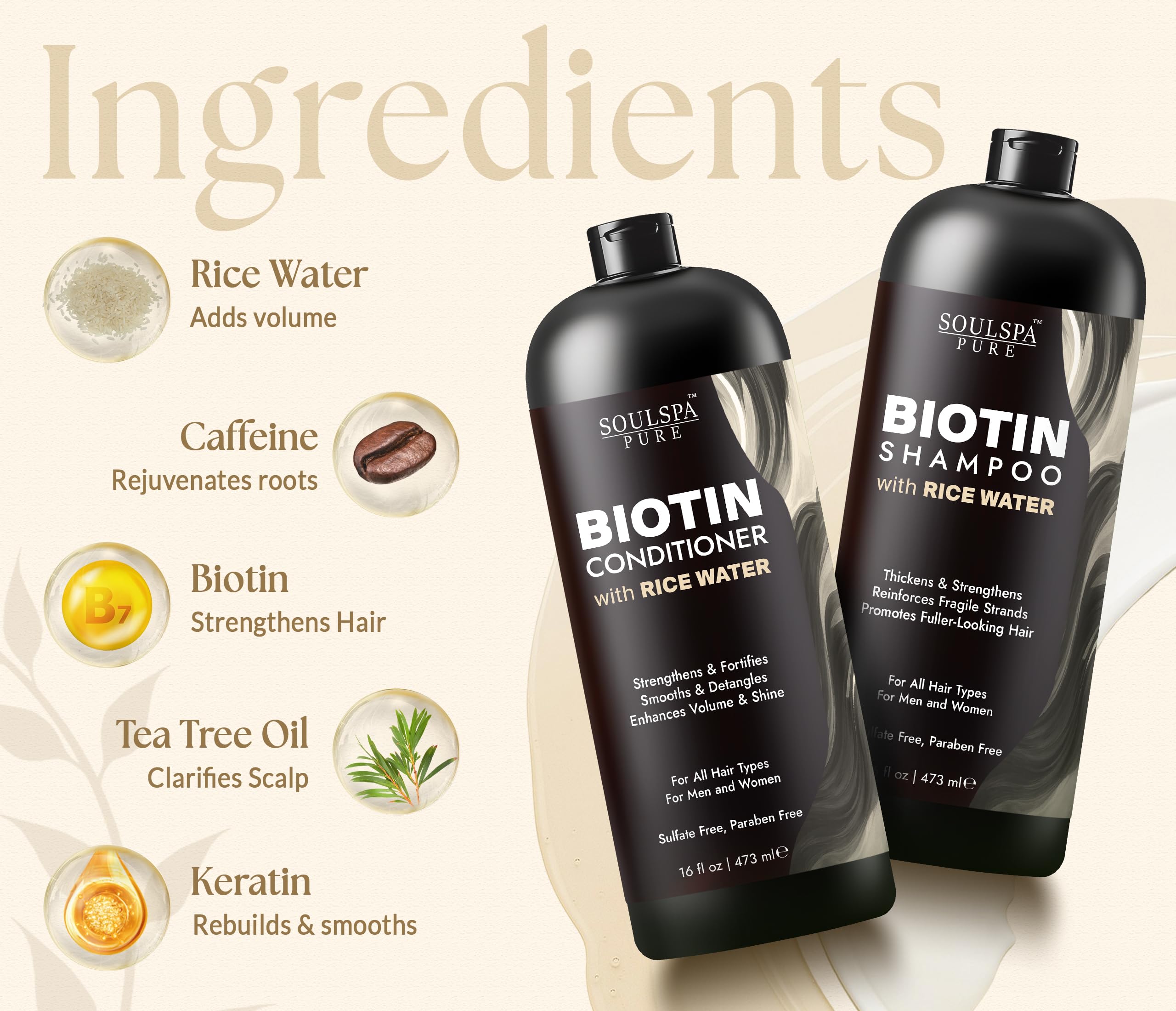 SOULSPA PURE Biotin Rice Water Conditioner cream-dispense close-up demonstrates easy application.
