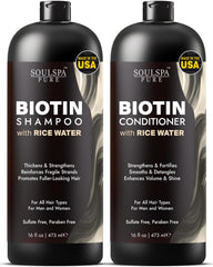 SOULSPA PURE Biotin Rice Water Shampoo bottle for daily strengthening of fine hair.