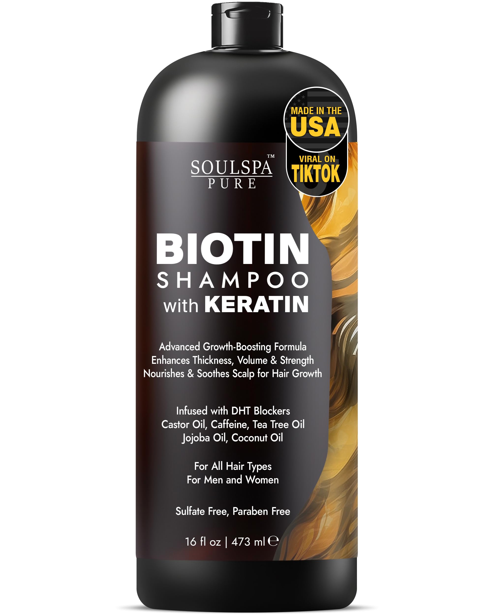 SOULSPA PURE Biotin Shampoo bottle showcases a potent formula for fuller-looking hair.