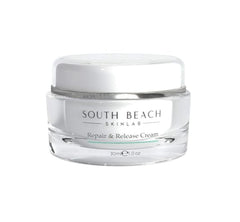 South Beach Skin Lab Repair & Release cream bottle for daily hydration and smoothing fine lines.