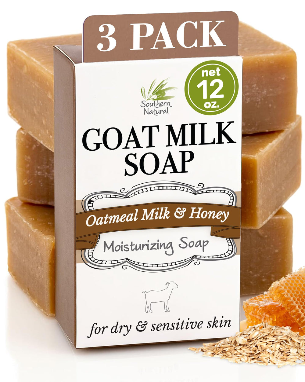 Jabón de leche de cabra Southern Natural, paquete 3, avena y miel, para piel seca.