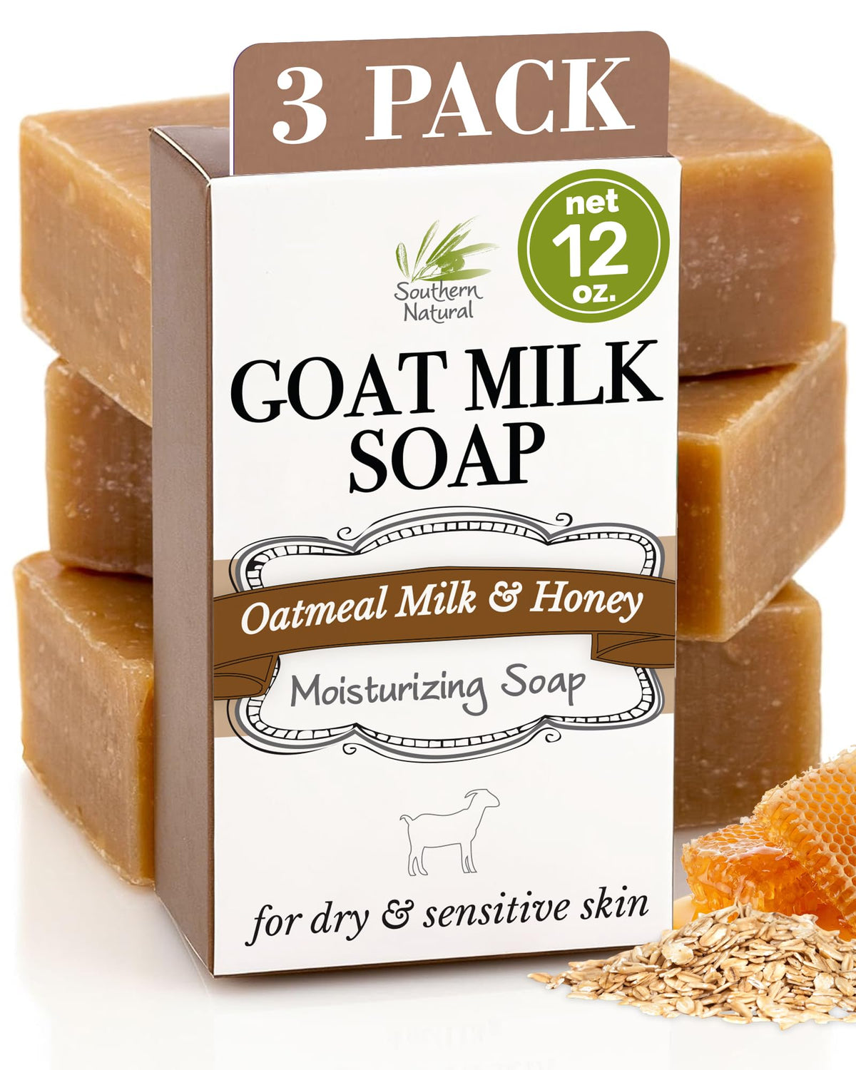 Jabón de leche de cabra Southern Natural, paquete 3, avena y miel, para piel seca.