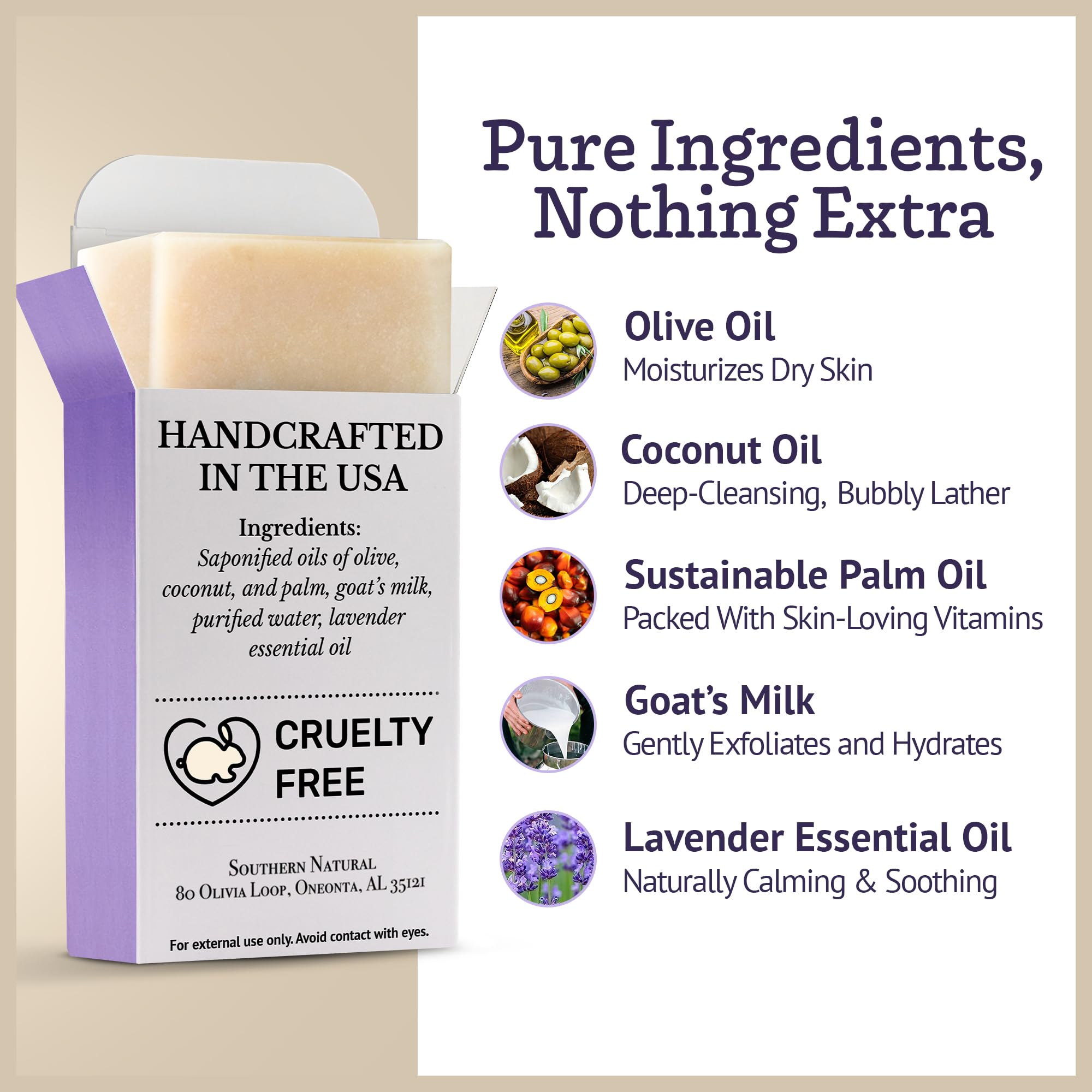 Jabón Southern Natural de leche de cabra con lavanda para cara y cuerpo, uso diario.