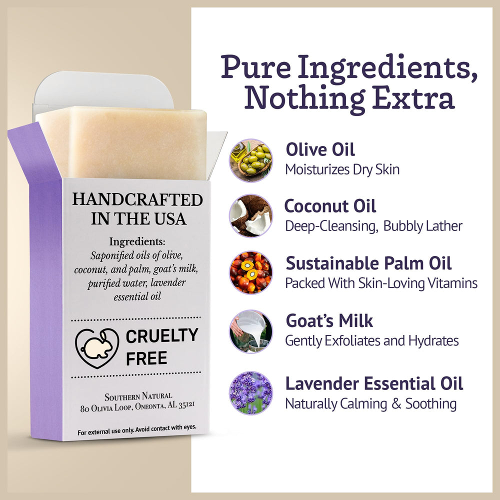 Jabón Southern Natural de leche de cabra con lavanda para cara y cuerpo, uso diario.