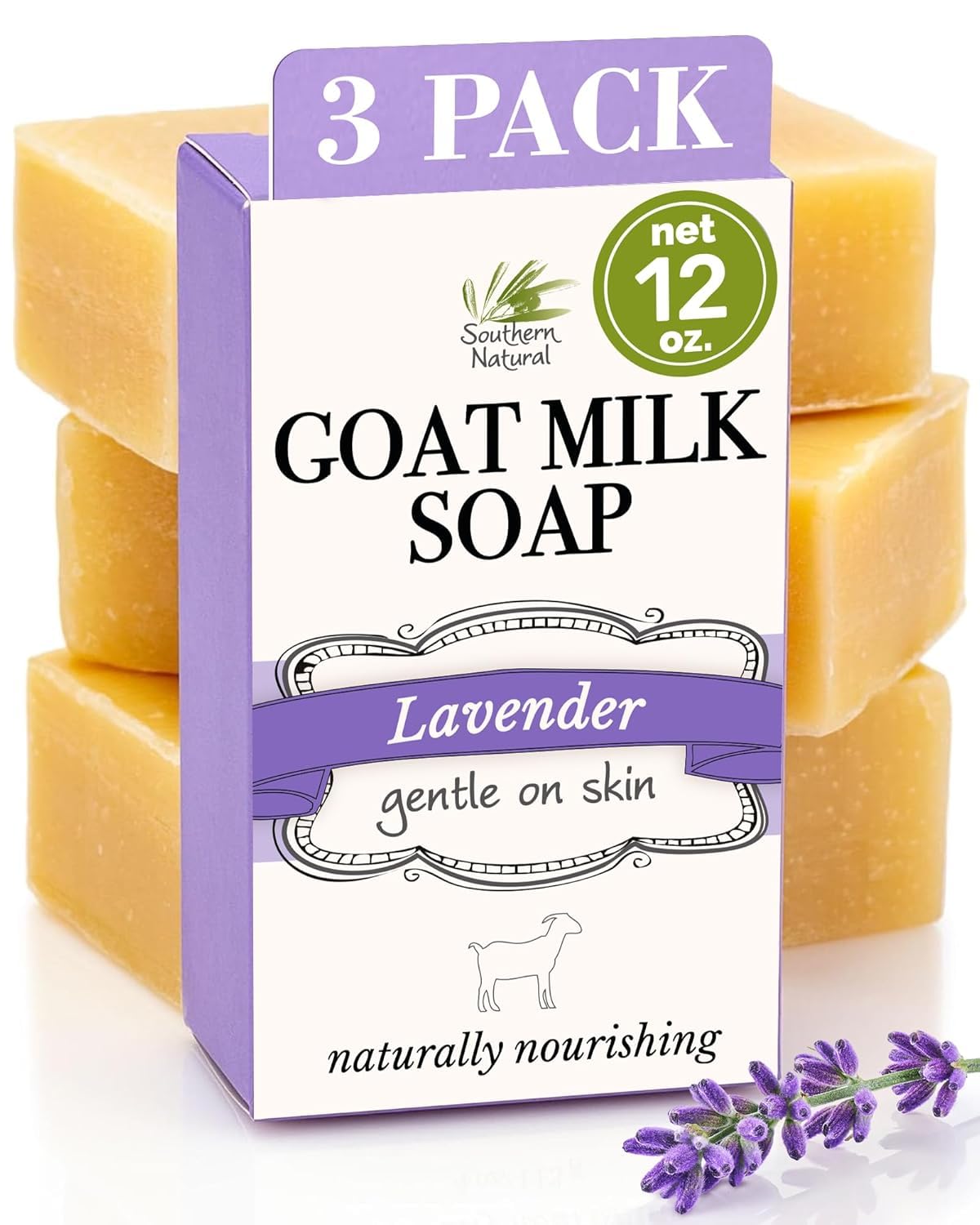 Jabón Southern Natural de leche de cabra con lavanda, espuma suave para piel sensible.