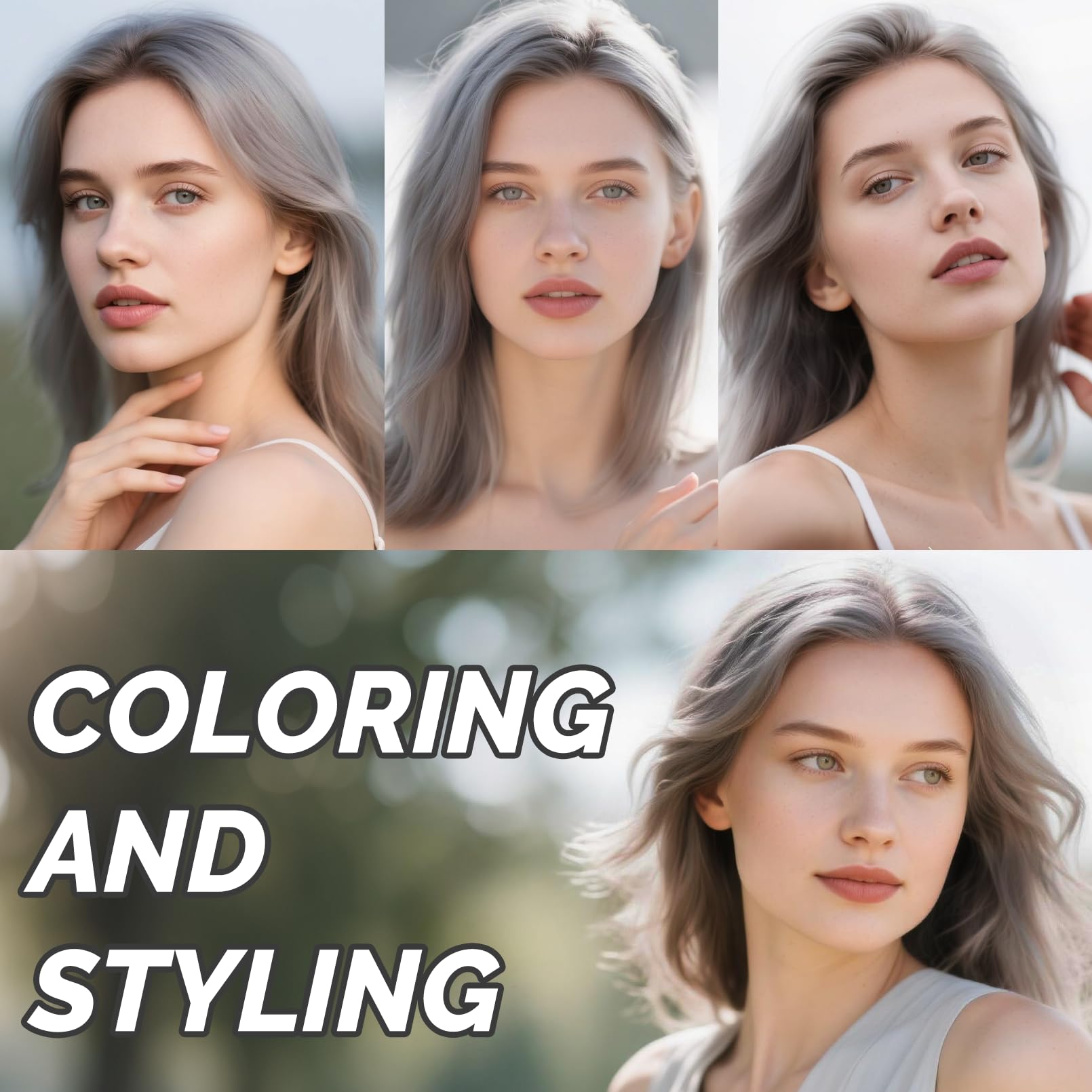 Model with silver-gray hair demonstrates bold color for cosplay or Halloween.